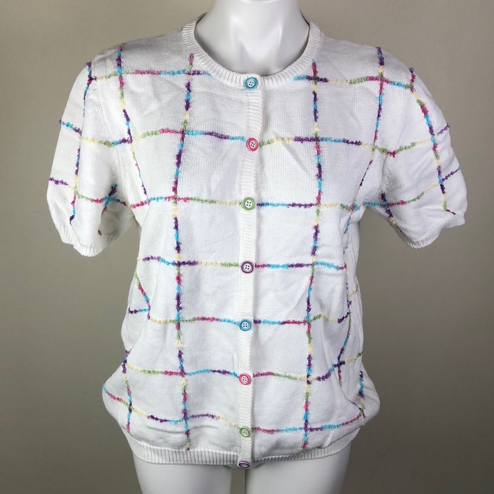 Short Sleeve Sweater Fuzzy Thread Windowpane Rainbow Thread
